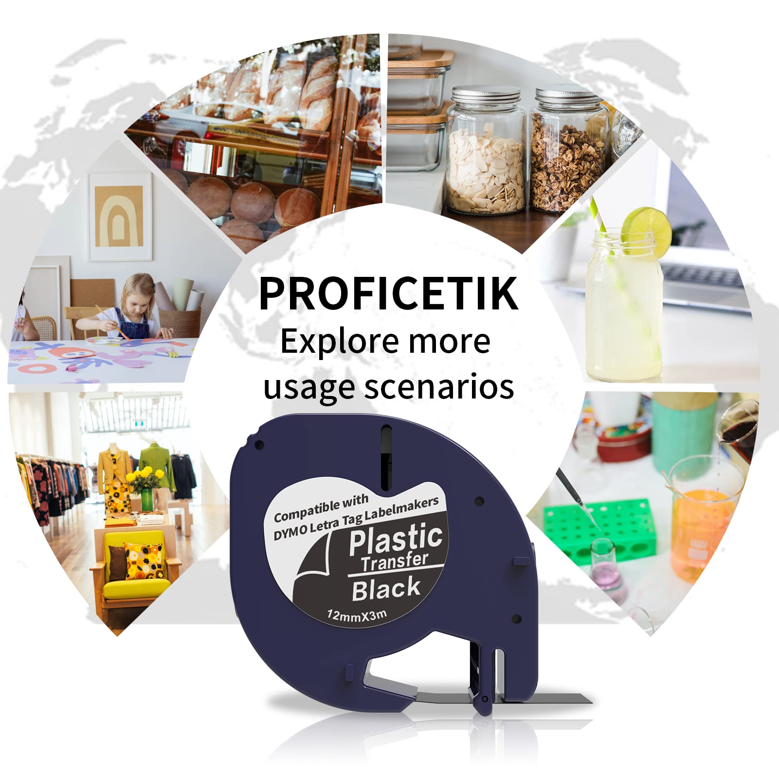 3-Pack White on Black Plastic Label Tape Refills 12mm x 3m - Compatible with Dymo LetraTag LT 100H 100T QX50 Handheld Label Makers - Perfect for Office Organization, Shipping Labels & Home Storage