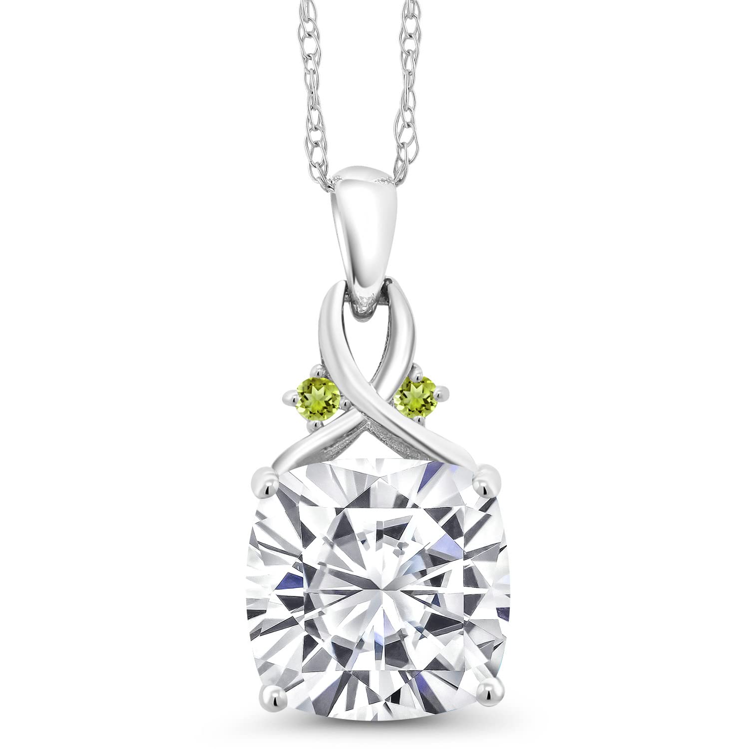 10K White Gold Moissanite & Peridot Pendant Necklace for Women - 5.06cttw Cushion Cut Gemstone Jewelry with 18