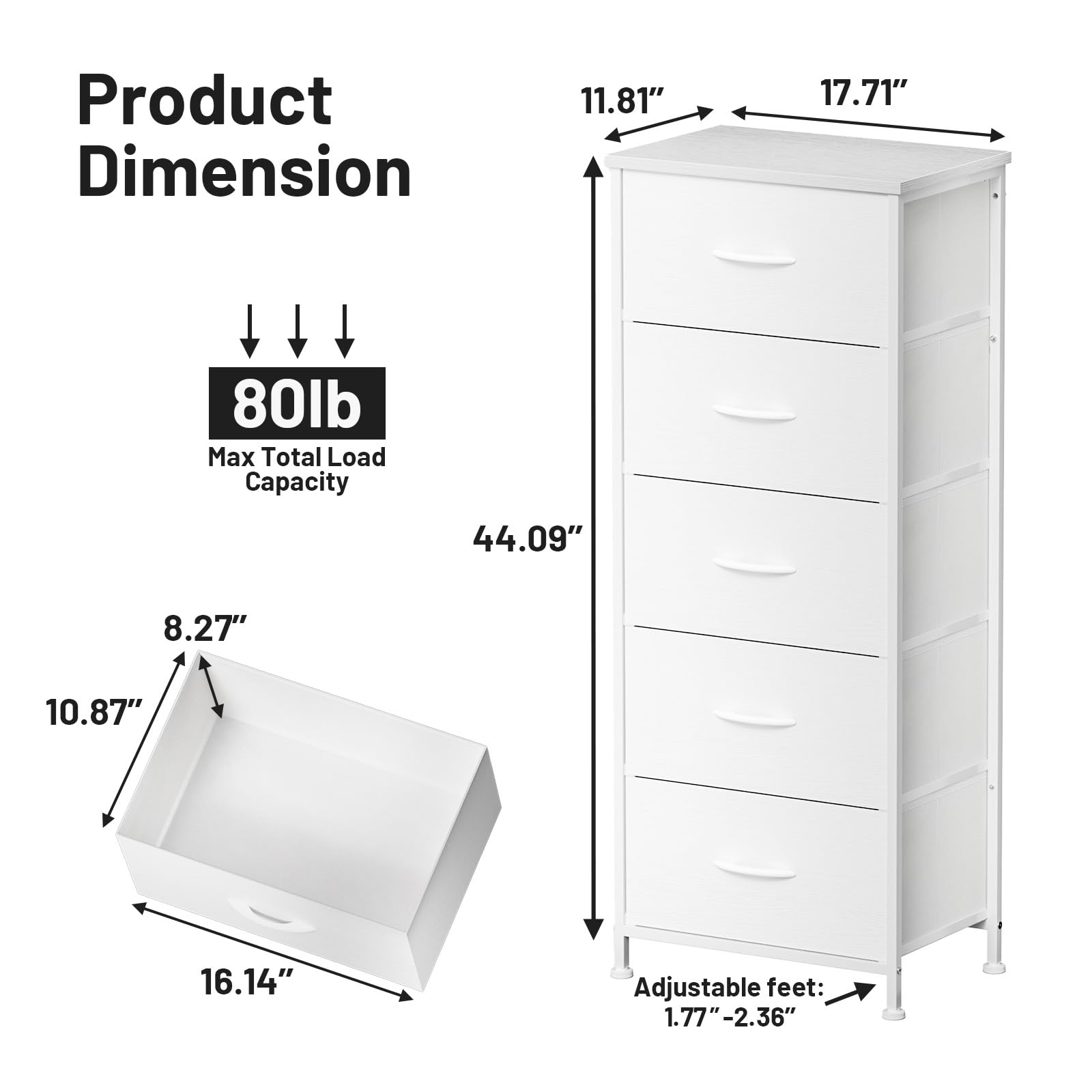 5-Drawer Tall Dresser Organizer with Fabric Bins - White Wood Texture & Leather Finish - Bedroom Storage Tower for Closet, Dorm, Apartment - Perfect for Clothes, Toys, and Home Organization