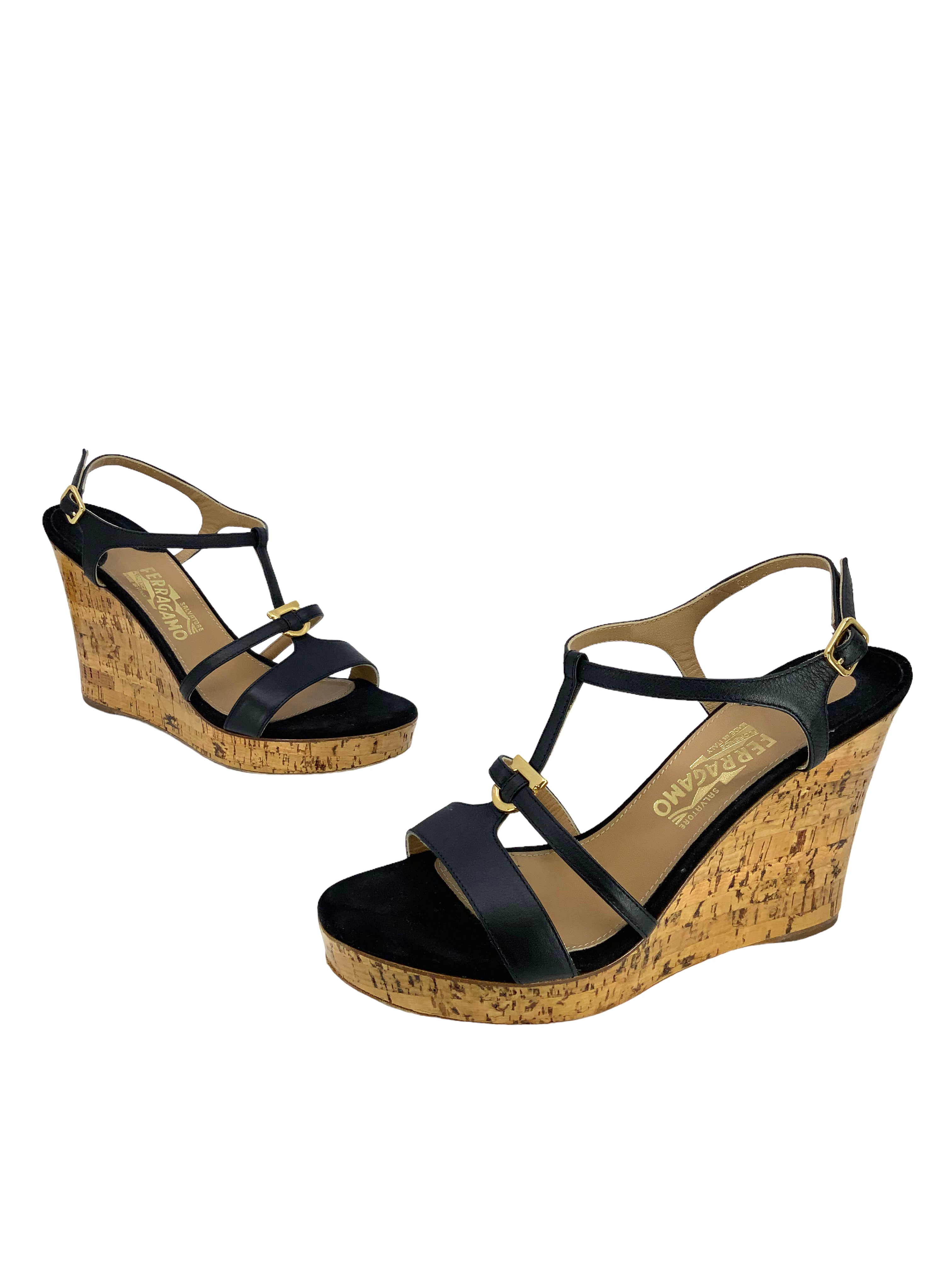 Salvatore Ferragamo Women's Savita Black Leather Cork Wedge Sandals Size 7.5 - Perfect for Summer Vacations & Beach Weddings