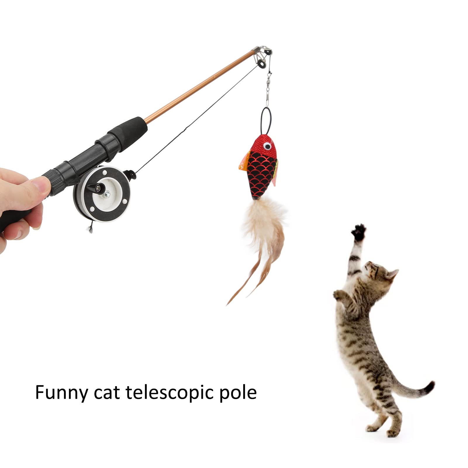 Interactive Cat Feather Teaser Wand Toy - Retractable Fishing Pole with Red Fish for Exercise & Play | Fun Indoor/Outdoor Cat Exercise Toy for Kittens & Adult Cats | Perfect for Playtime, Training & Bonding