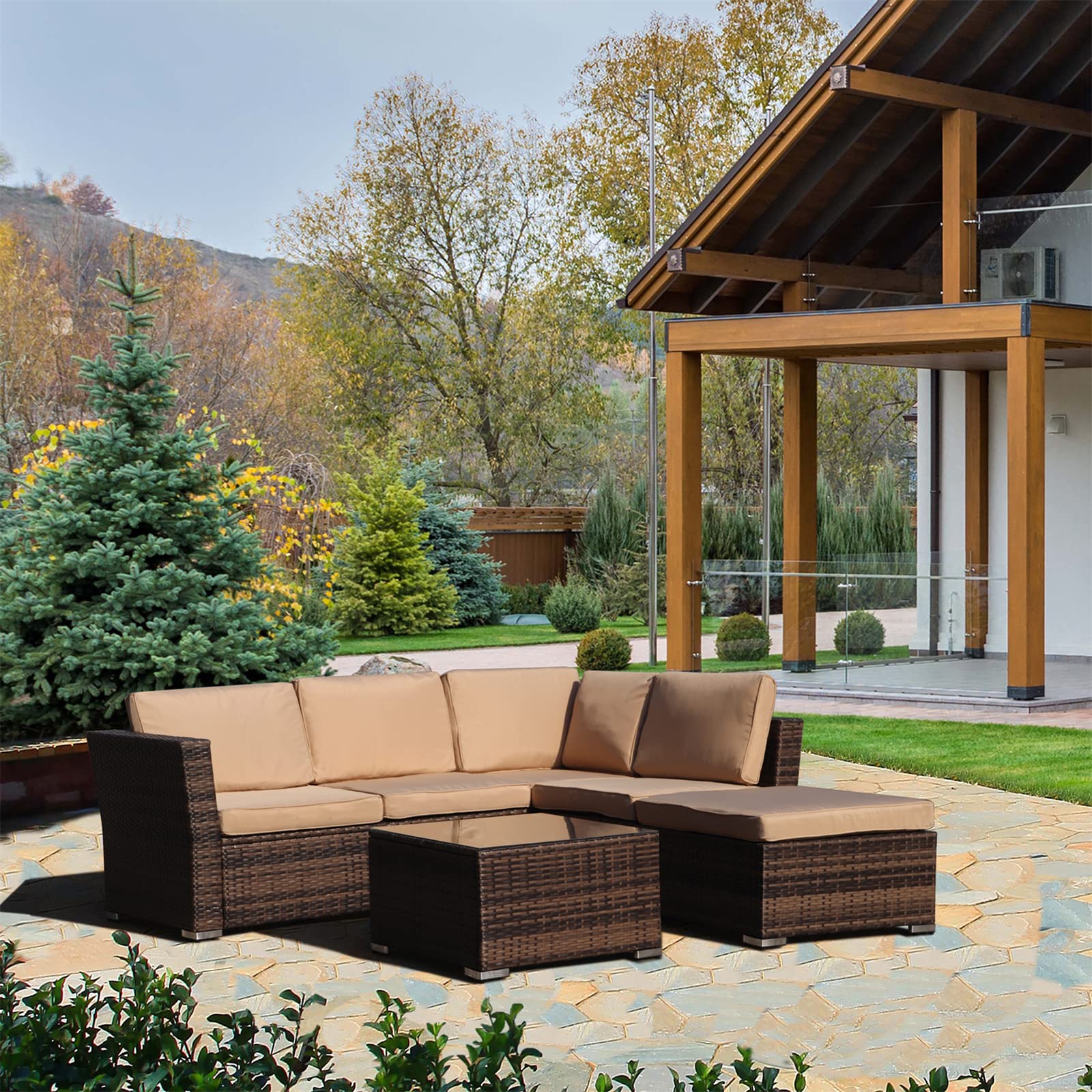 VERYKE 4-Piece All-Weather Outdoor Patio Furniture Set - Wicker Rattan Sectional Sofa with Waterproof Cushion & Tempered Glass Table - Brown - Perfect for Backyard, Garden, Poolside & Patio Relaxation