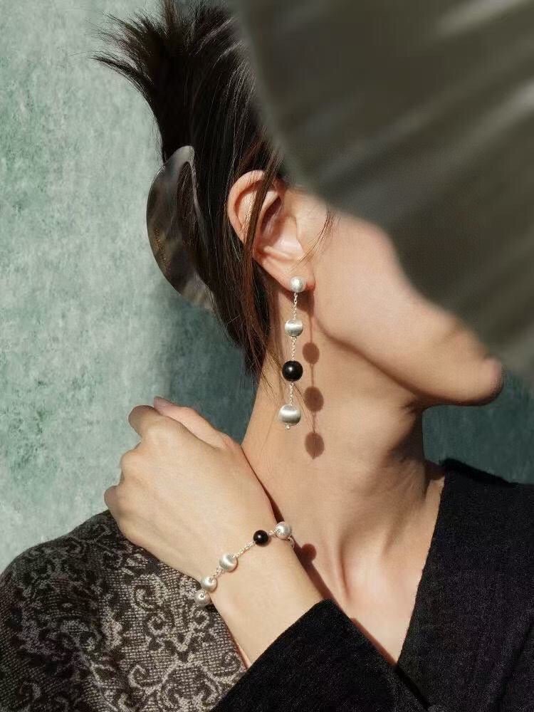 Handmade Ebony Wood Brushed Silver Sphere Earrings for Women - Boho Chic Dangle Earrings - Perfect for Parties, Weddings & Everyday Wear