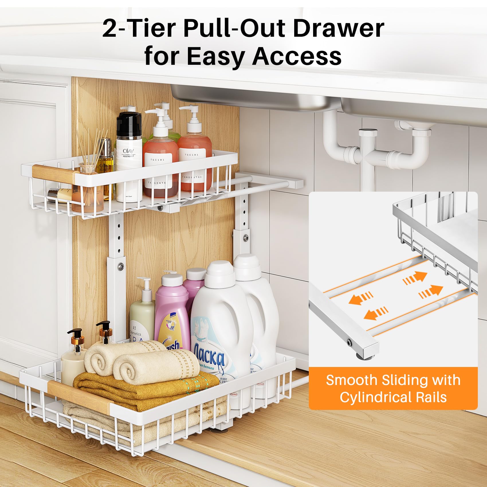 PXRACK 2 Pack Under Sink Organizer - Adjustable Height 2 Tier Pull Out Cabinet Organizer with Thickened Metal Slide Out Design - Perfect for Kitchen, Bathroom, Laundry & Pantry Storage - White