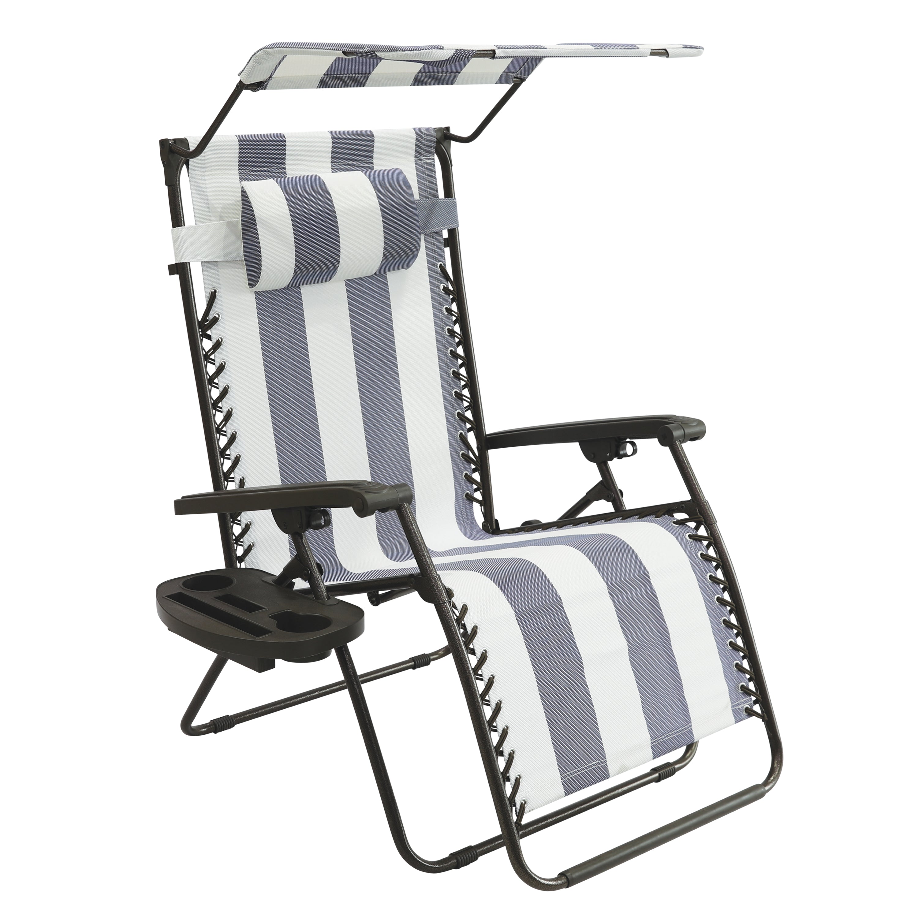 Bliss Hammocks GFC 032 BS H Gravity Free Chair with Canopy, Drink Tray & Pillow - 32 Inch Wide XL Hammock Chair | Weatherproof & Rust Resistant Outdoor Hanging Chair | 360 lb Weight Capacity (Blue Stripe) | Perfect for Patio, Backyard, Garden & Poolside Relaxation