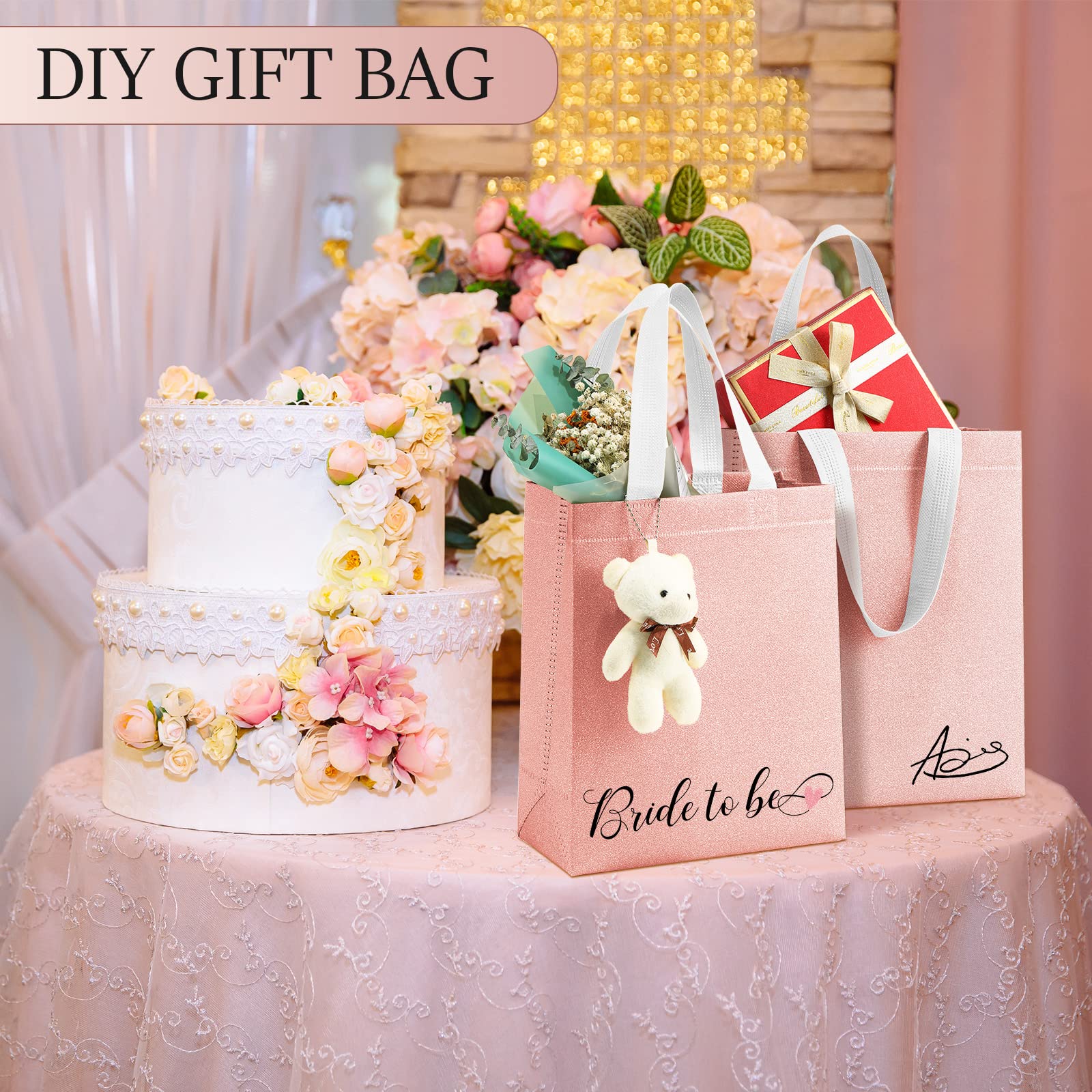 48 Pack Rose Gold Glitter Wedding Favor Bags with Handles - 6.5x3.1x7.8 Inch Reusable Non-Woven Tote Gift Bags for Bridal Showers, Baby Showers, Birthday Parties & Holiday Celebrations