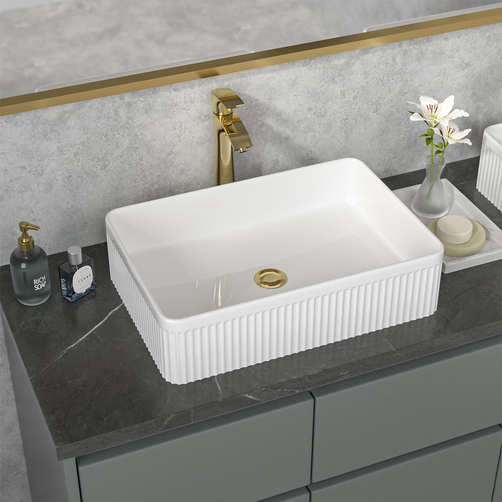 19x13 Inch White Porcelain Rectangular Vessel Sink - Modern Glossy Ceramic Above Counter Bathroom Vanity Basin for Contemporary Bathrooms | Perfect for Master Baths, Powder Rooms & Spa Retreats
