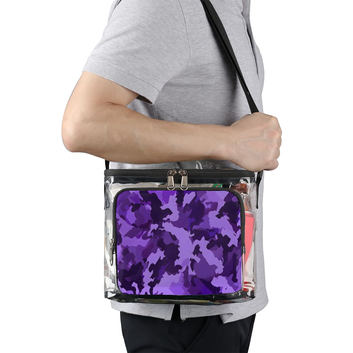 GzLeyigou Camouflage Print Clear Tote Bag with Handles - Purple & Black Camo Transparent Crossbody Shoulder Bag for Lunch, Outdoor, Travel, Picnic, Concerts, Sports Events | Stadium Approved Clear Purse for Women & Men | Perfect for Music Festivals, Beach Days and Shopping Trips
