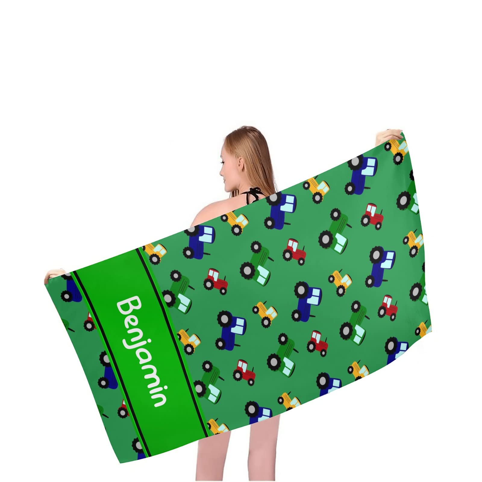 Custom Personalized Cute Tractors Green Beach Towel with Name - 30x60 Inch Large Pool Towel for Women, Men, Kids - Perfect for Beach, Pool, Picnic & Outdoor Activities
