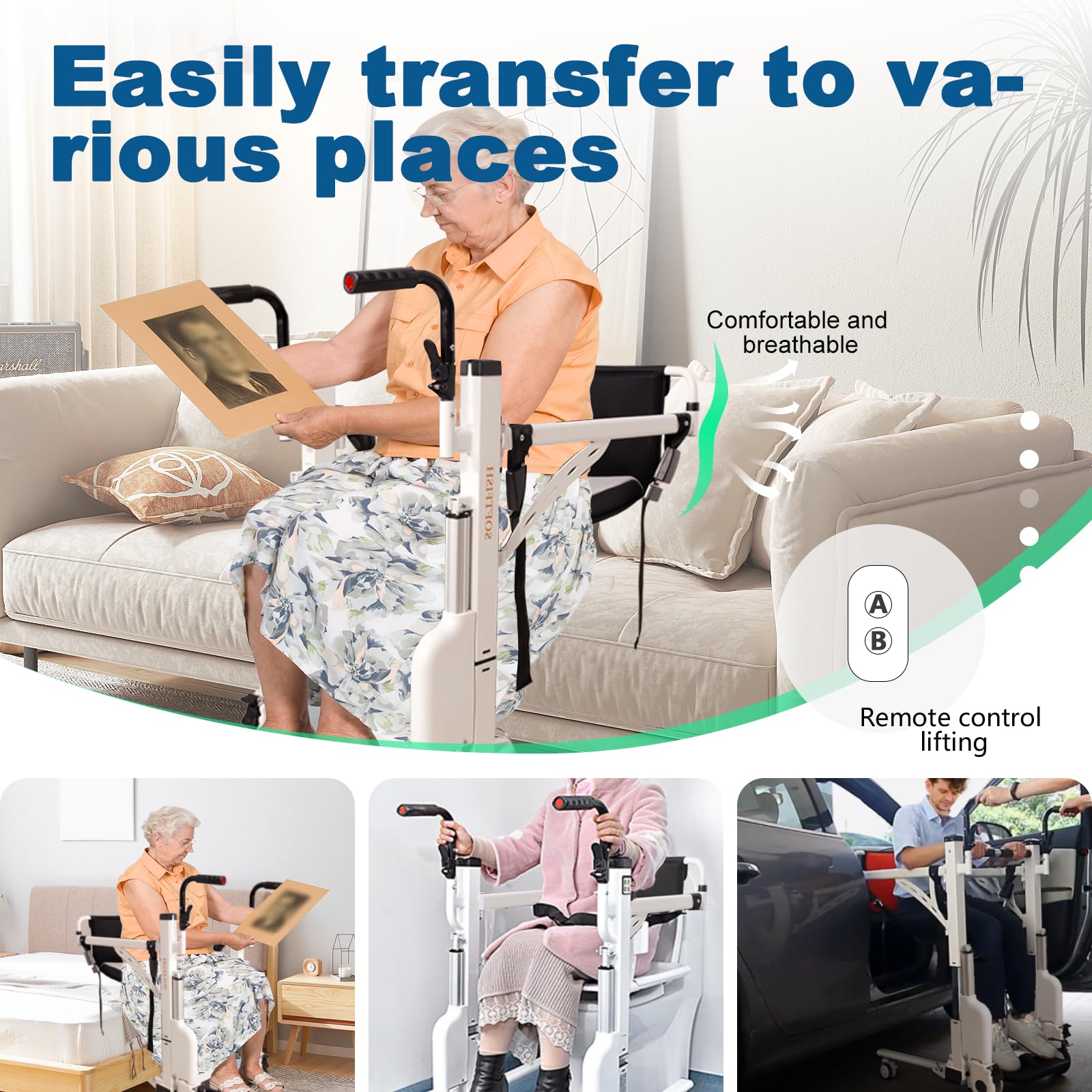 Electric Patient Lift Transfer Chair with Dining Board - Height Adjustable Bathroom Wheelchair for Home Use - Foldable Design Supports 220lbs - Ideal for Elderly Care & Mobility Assistance
