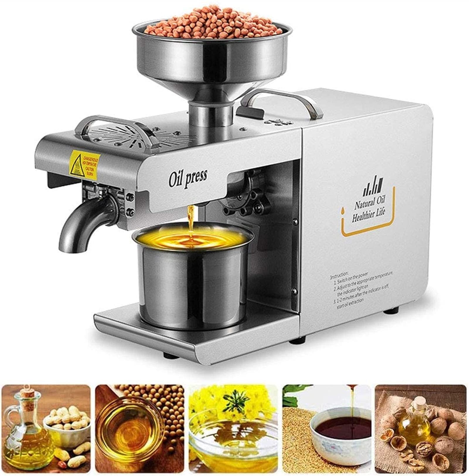 Commercial Automatic Hot/Cold Oil Press Machine - Stainless Steel Oil Extractor with Intelligent Temperature Control for Olive, Coconut & More - Perfect for Home & Restaurant Use