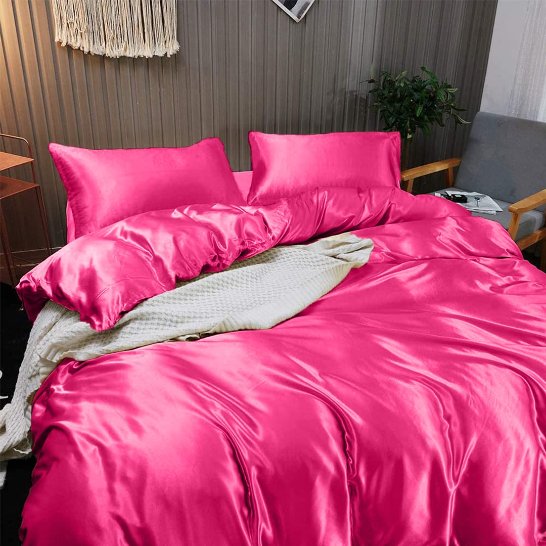 7-Piece Short Queen Silk Satin Sheet Set - Luxury Hotel Bedding with Deep Pockets | Breathable, Cooling & Wrinkle-Free Comfy Sheets in Hot Pink | Perfect for Master Bedrooms, Guest Rooms & Hot Sleepers