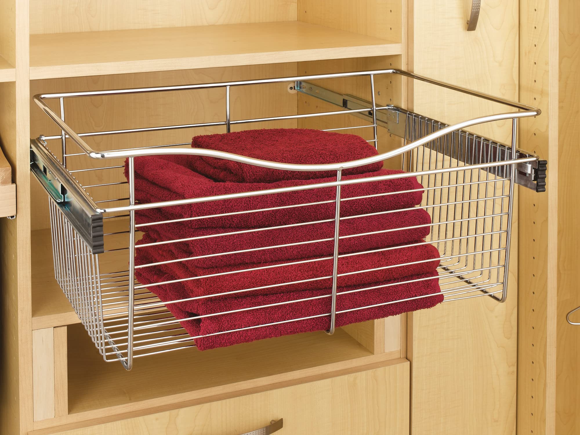Rev-A-Shelf CB-181618SN-1 Satin Nickel Pull-Out Closet Basket - Space Saving Storage Organizer for Bedroom, Bathroom & Pantry Organization