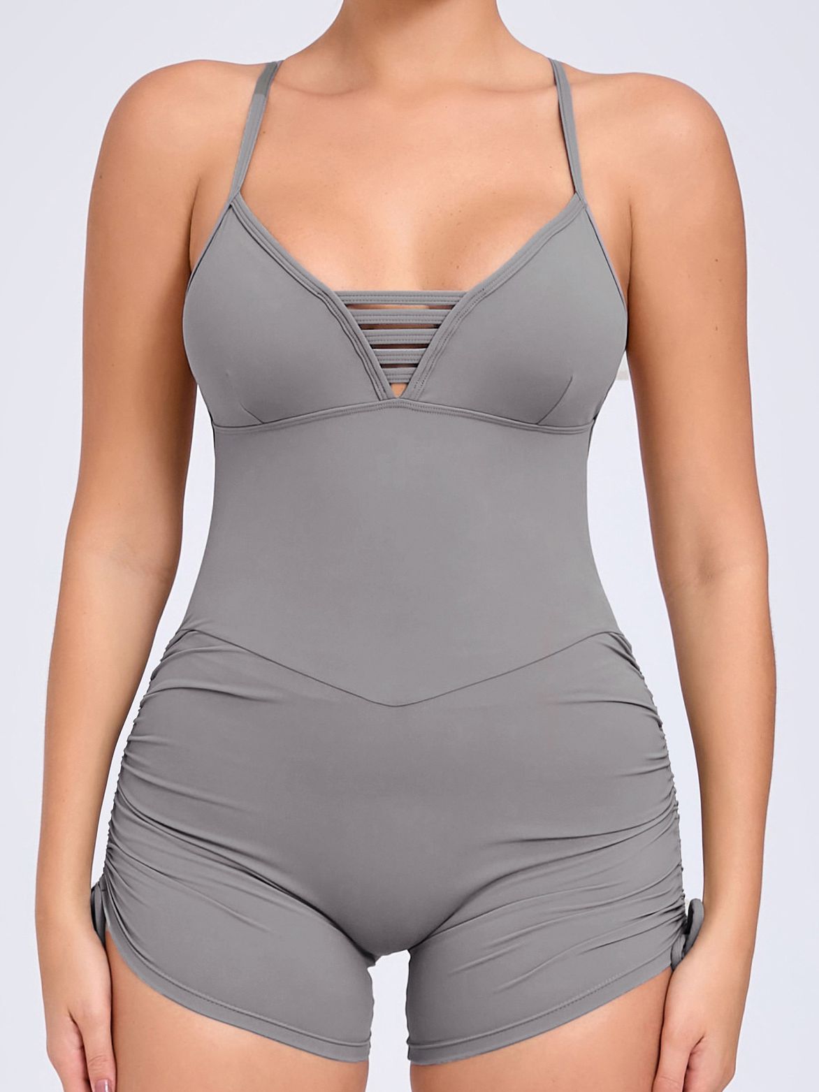 ZASUWA Women's V-Neck Cross Back Scrunch Bum Drawstring Romper Jumpsuit - Sexy Summer Outfit for Beach, Pool Party & Vacation