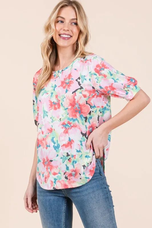 BOMBOM Women's Floral Print Round Neck Puff Sleeve Blouse - Casual Summer Tops for Date Night & Office Wear
