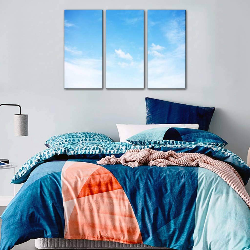 Blue Sky and White Clouds Soft Focus Canvas Wall Art - 3 Panel Landscape Paintings for Living Room & Bedroom Decor - Nature Inspired Home Wall Decor Posters | Perfect for Zen Spaces, Office Relaxation & Nursery Wall Decoration