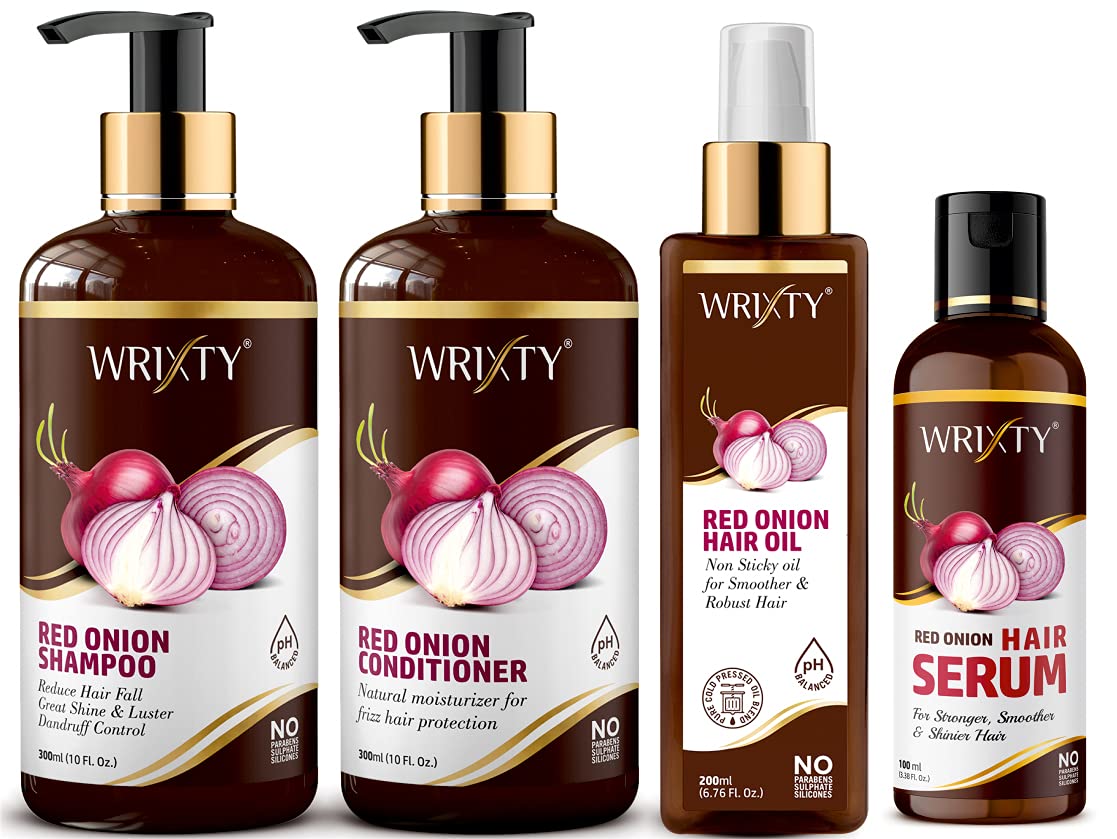 Wrixty Red Onion Hair Care Combo Kit (Shampoo 300ml + Conditioner 300ml + Hair Oil 200ml + Serum 100ml) for Hair Fall Control & Growth - Perfect for Daily Hair Care Routine & Scalp Treatment