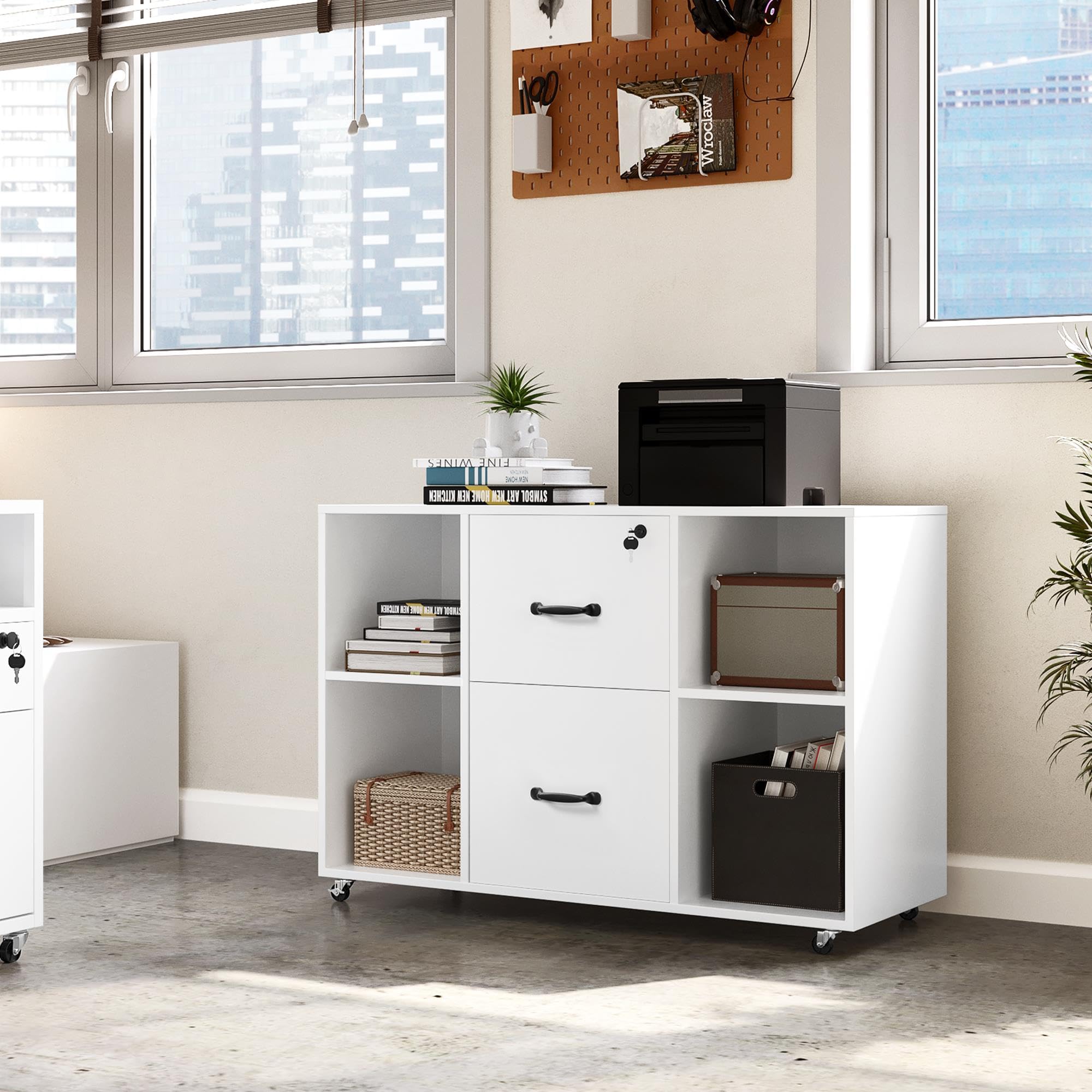 Yaheetech White 2-Drawer Mobile File Cabinet with 4 Open Shelves - Letter Size Lateral Filing Cabinet & Printer Stand for Home Office Organization - Perfect for Document Storage, Office Supplies & Workspace Organization