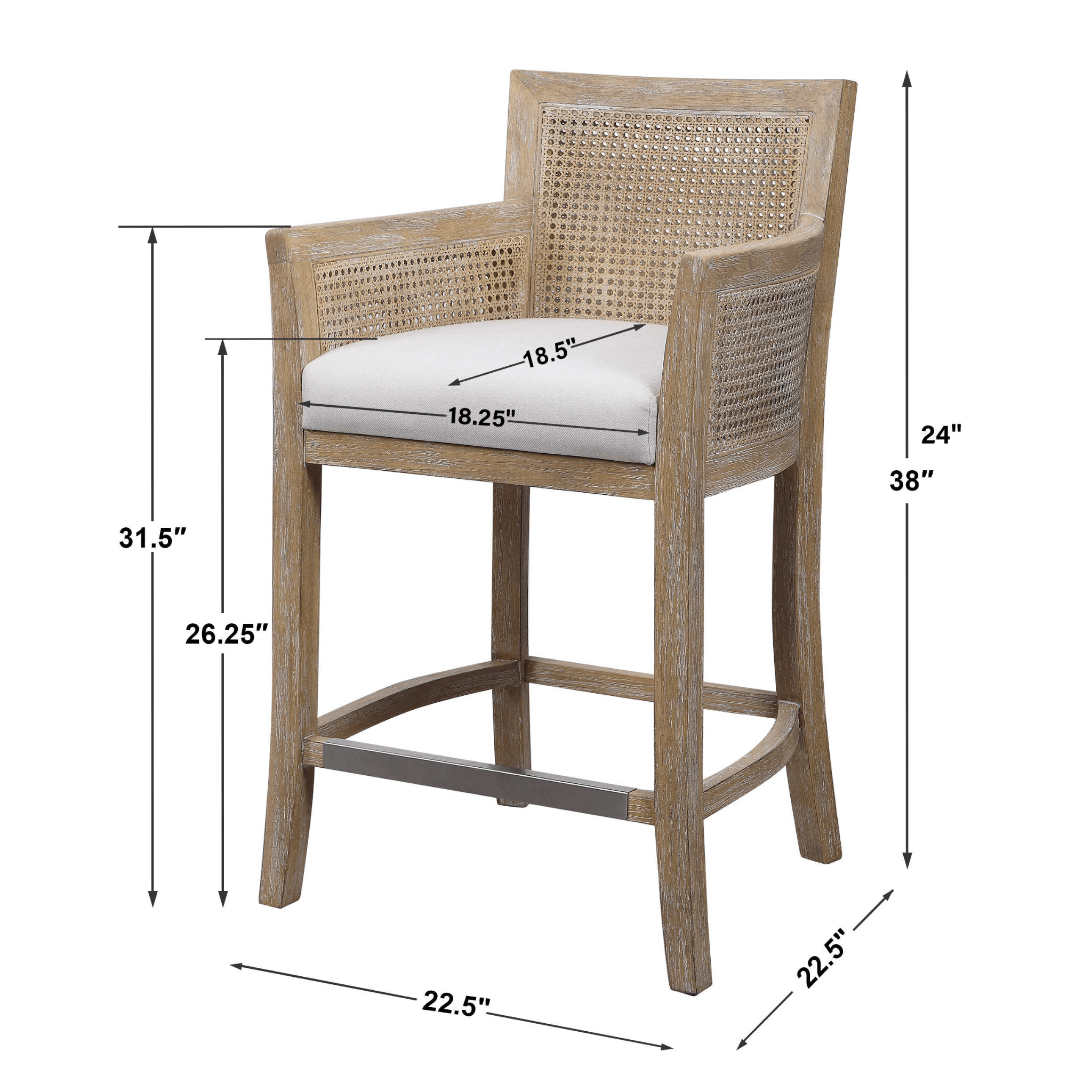 Bleached Sandstone Exposed Hardwood Finish with Cane Counter Stool - Stylish Bar Stool for Kitchen Island, Breakfast Nook & Home Decor