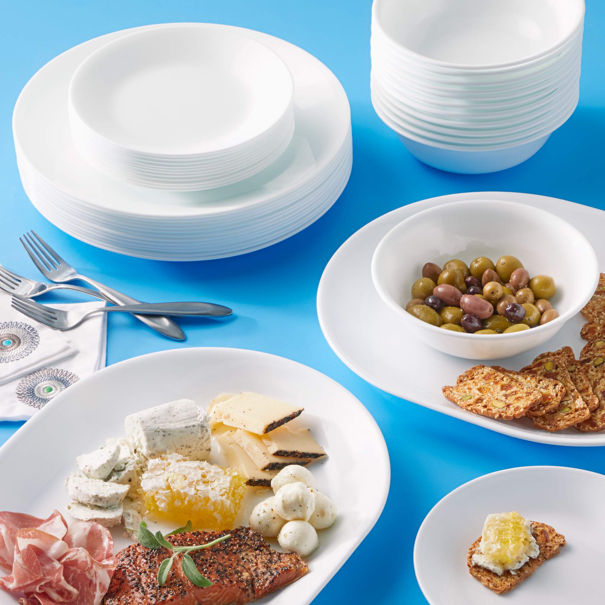 Corelle Vitrelle 38-Piece Dinnerware Set for 12 - Triple Layer Chip Resistant Glass Plates & Bowls - Lightweight Round Dishes in Winter Frost White - Perfect for Family Dinners, Entertaining Guests & Everyday Use
