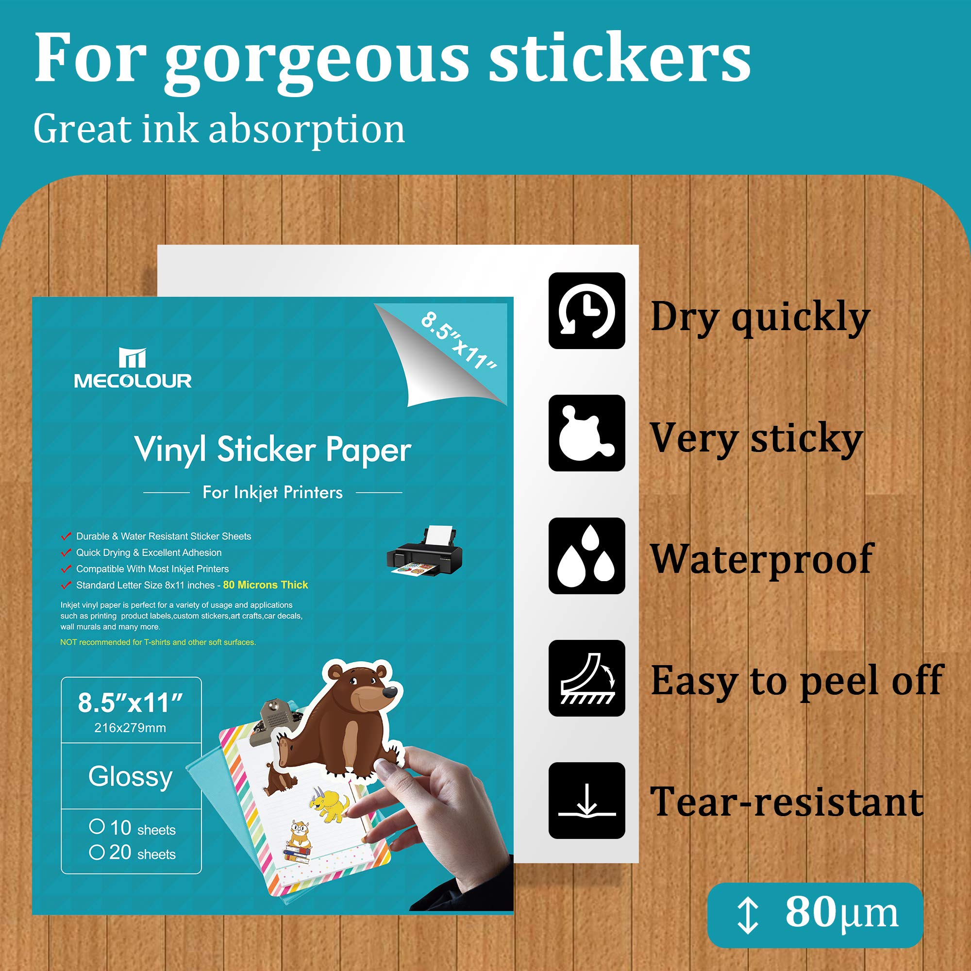 MECOLOUR Printable Glossy Sticker Paper 8.5