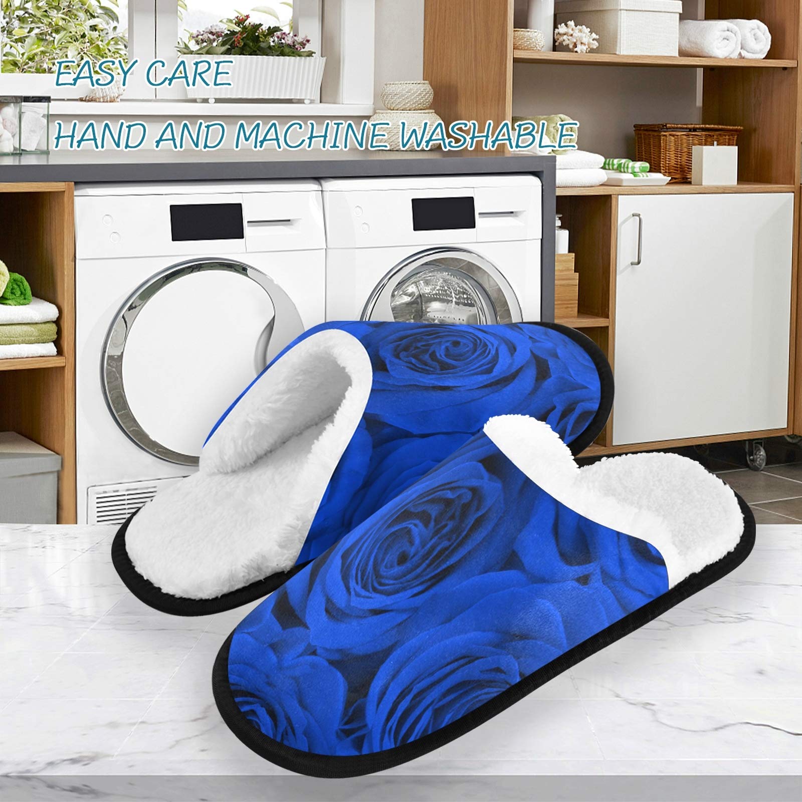 ALAZA Rose Flower Blue Non-Slip House Slippers for Men & Women - Comfortable Indoor/Outdoor Home, Hotel, Spa, Bedroom & Travel Slippers for Relaxation & Cozy Wear