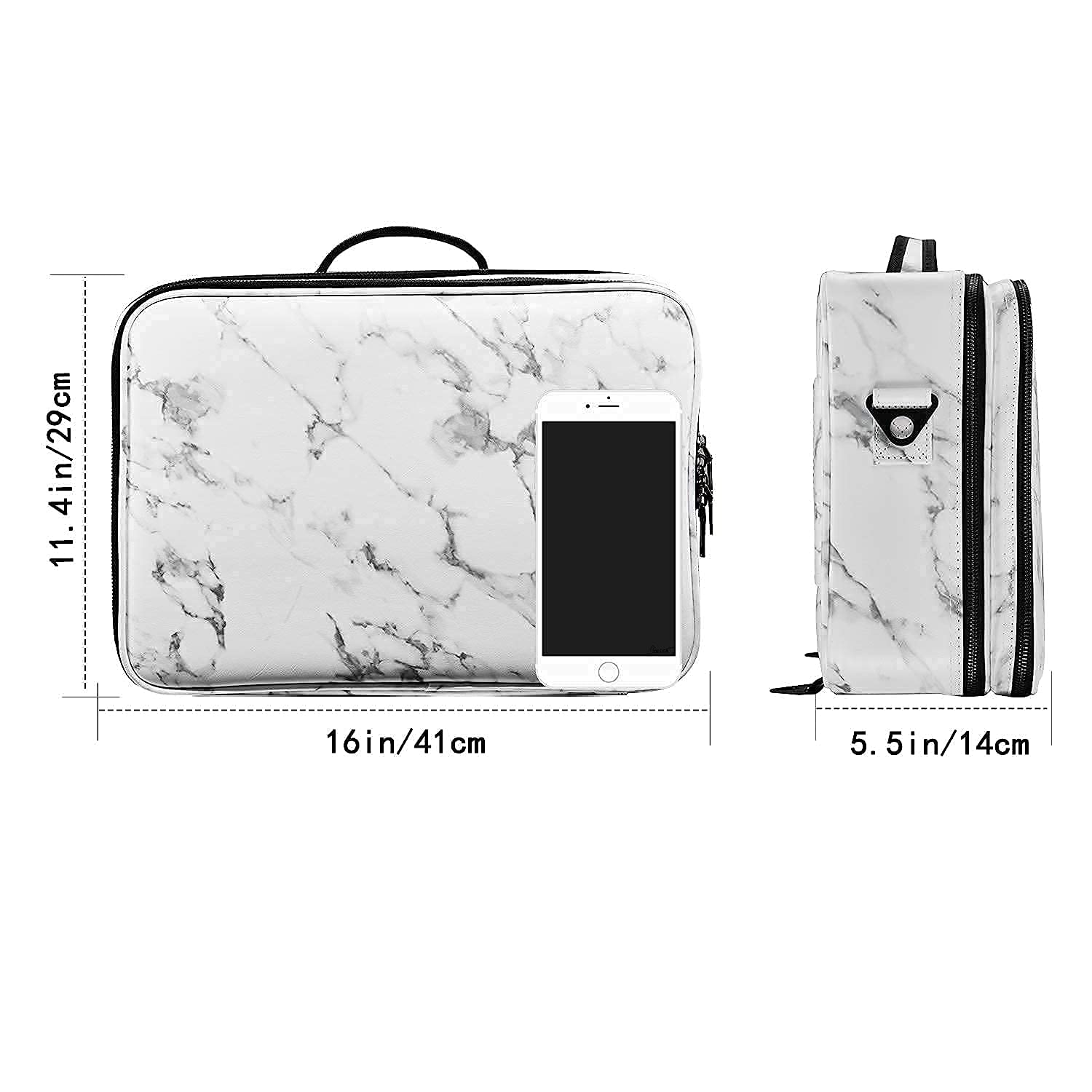 JOURMON Travel Makeup Case - Portable Cosmetic Train Case Organizer with Adjustable Dividers & Shoulder Strap for Makeup Brushes & Toiletries | Perfect for Travel, Salon Professionals & Home Storage (Marble White Black, Large)