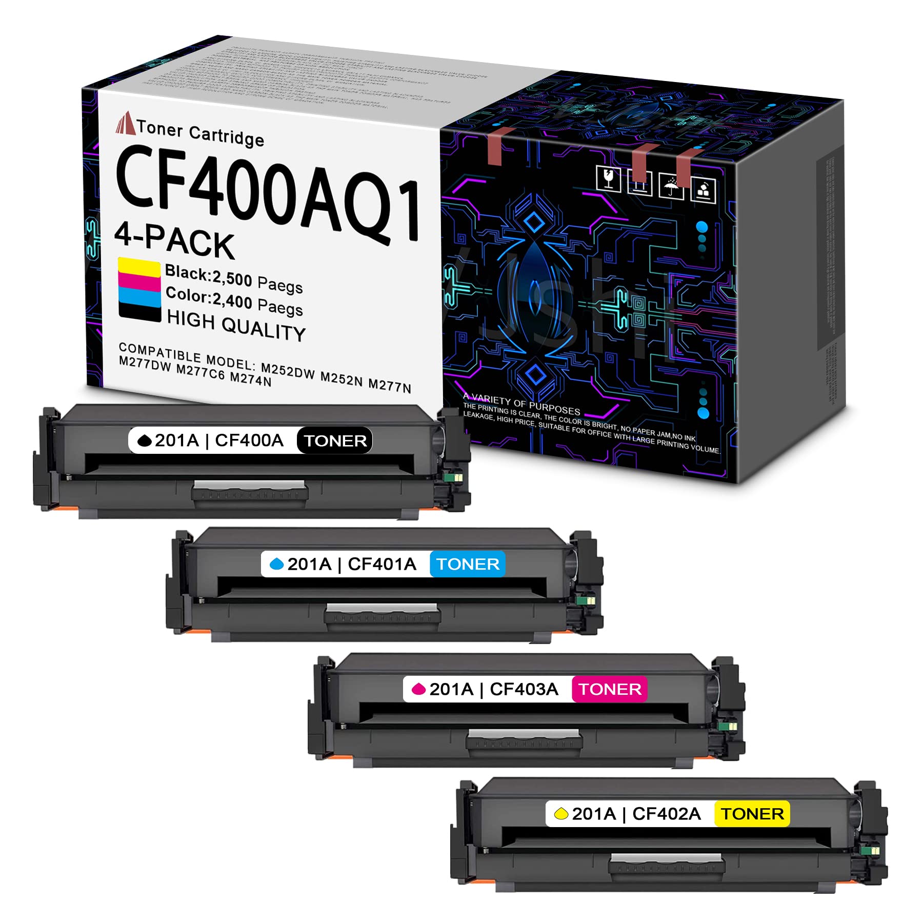 4-Pack Compatible Toner Cartridges (1BK+1C+1M+1Y) for HP M252dw M252n M277n M277dw M277c6 M274n Printers - Replacement for CF400A CF401A CF402A CF403A B3Q10A | Home & Office Printing Solution