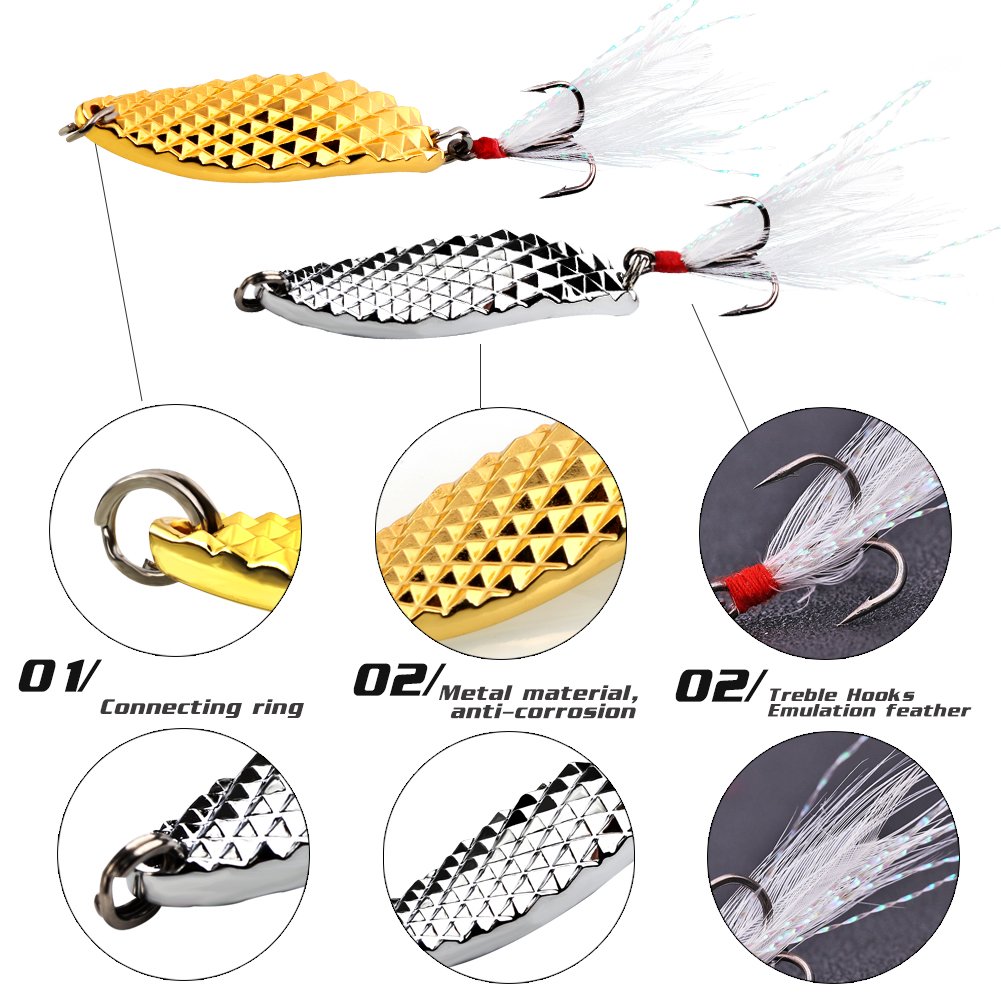 Sougayilang 1/2 oz Fishing Spoon Lures - Metal Hard Baits with Treble Hooks for Salmon, Bass, Trout - Perfect for Freshwater & Saltwater Fishing