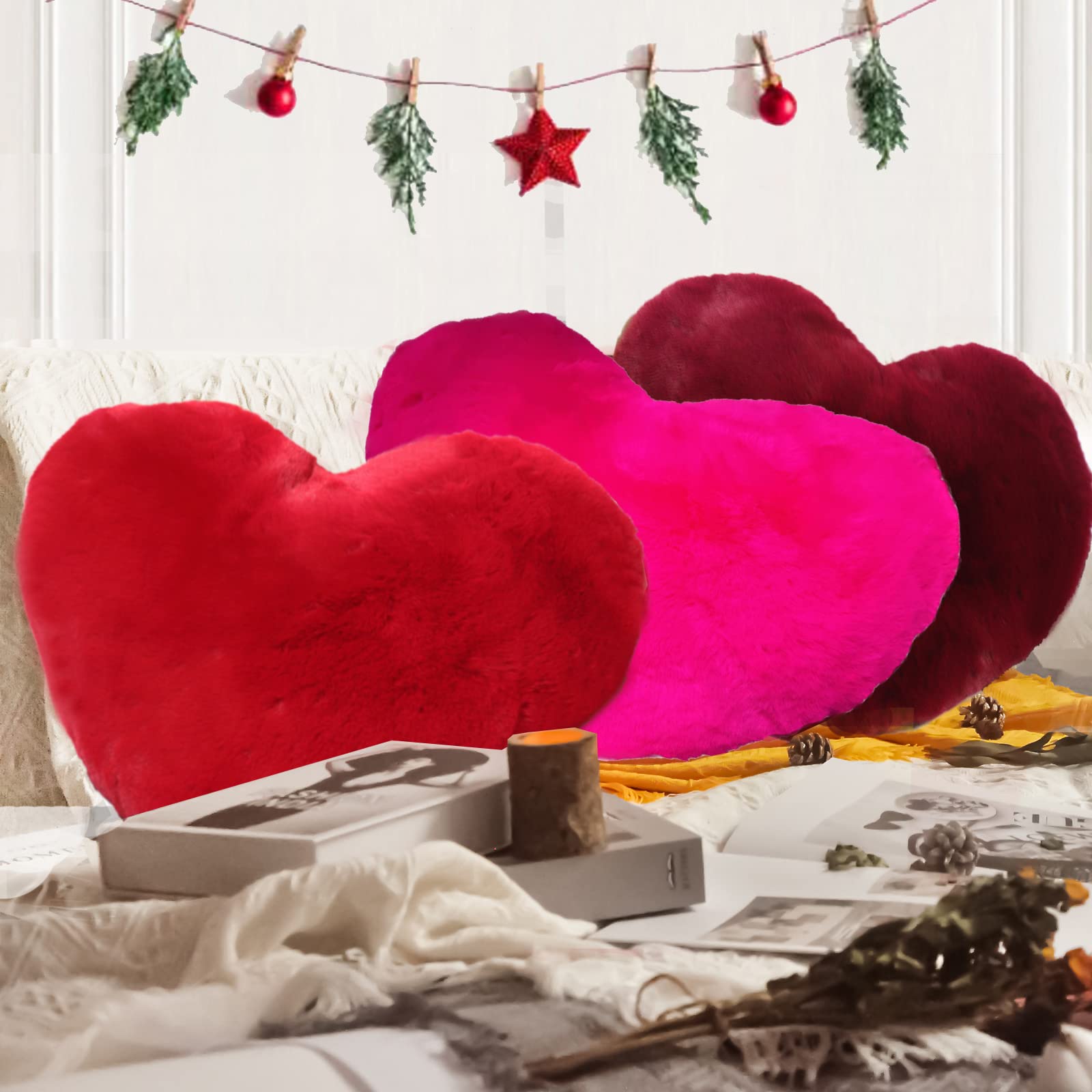 YRXRUS 14x17 Inch Large Heart Shaped Pillow - Soft Faux Rabbit Fur Coquette Decor Throw Pillow in Wine Red, Perfect Valentine's Day Gift for Couples, Romantic Bedroom Decor, Living Room Accent Pillow for Sofa, Chair or Outdoor Use