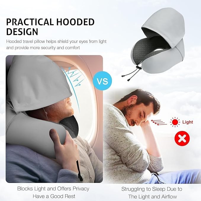 **AVIAXO Memory Foam Travel Neck Pillow for Adults - Hooded & Comfortable Flight, Airplane, Car & Train Pillow - Perfect for Long Trips & Relaxation**