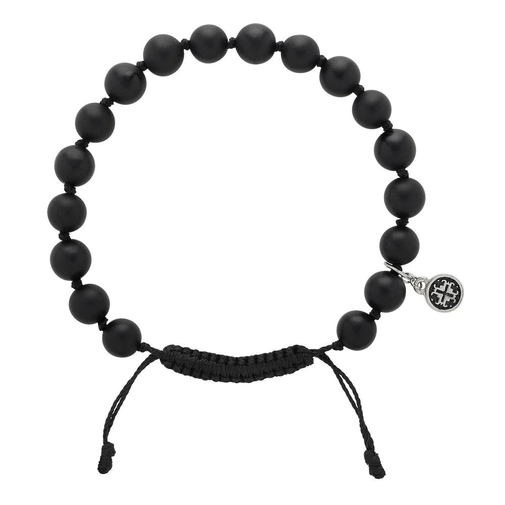 Black Agate Men's Bracelet with Mala Beads & Mantra Engraving - Spiritual Healing Jewelry for Meditation, Yoga & Positive Energy