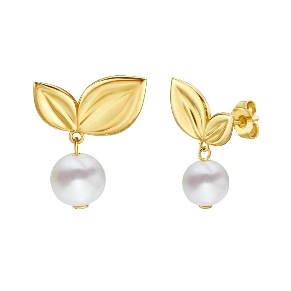 14K Gold Cherry Leaf Pearl Drop Stud Earrings - Elegant Dainty Jewelry for Women, Perfect for Weddings, Parties & Everyday Wear