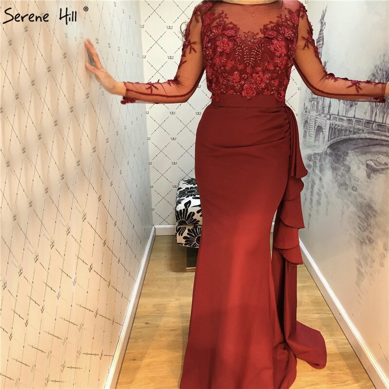 Elegant Wine Red O-Neck Satin Mermaid Prom Dress 2025 with Beading & Handmade Flowers - Long Sleeve Formal Gown for Homecoming, Ball & Special Occasions - Serene Hill LA70244