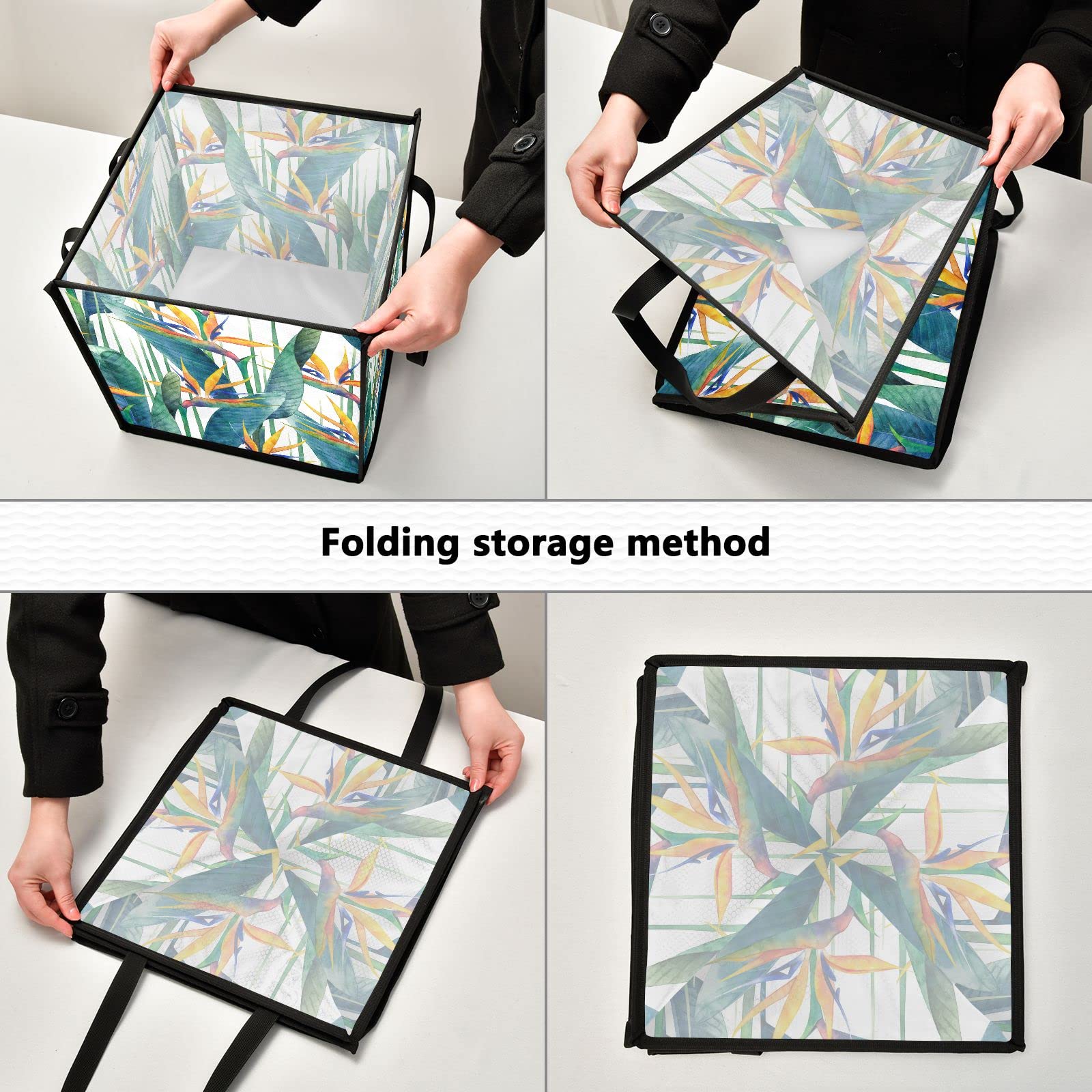 Exotic Green Leaves & Orange Flowers Collapsible Fabric Storage Bins - 13x13x13 Inch Square Toy Organizer with Handles for Nursery, Shelves & Closet - Perfect for Kids' Room Organization & Home Decor Storage Solutions