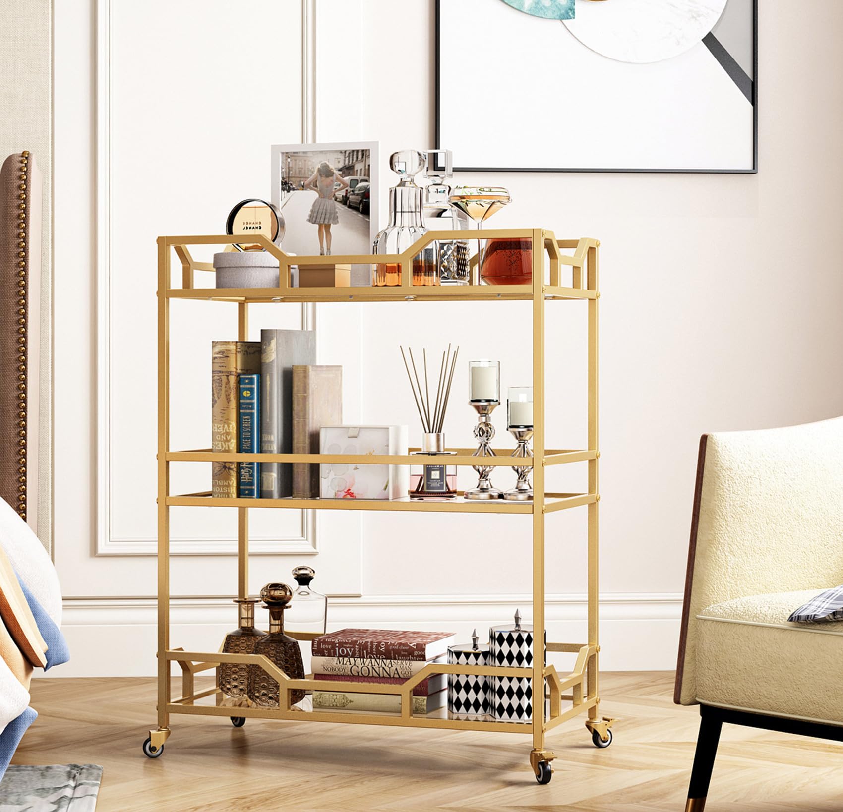 3-Tier Square Gold Bar Cart with Glass Shelves & Wheels - Mobile Serving Cart for Kitchen, Bar, Dining Room | Perfect for Entertaining, Cocktail Parties & Small Space Storage