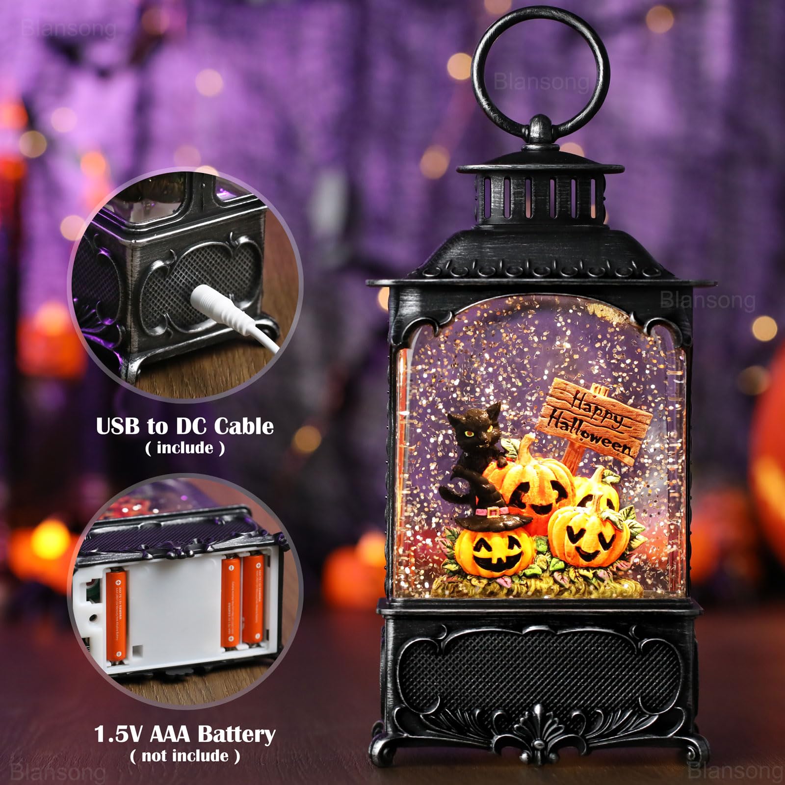 10.2 Inch Christmas Snow Globe Lantern with Timer - USB & Battery Powered Holiday Decor for Home, Office, Party (Pumpkin Cat Design) | Perfect for Christmas Tree, Mantel, Tabletop & Gift Giving