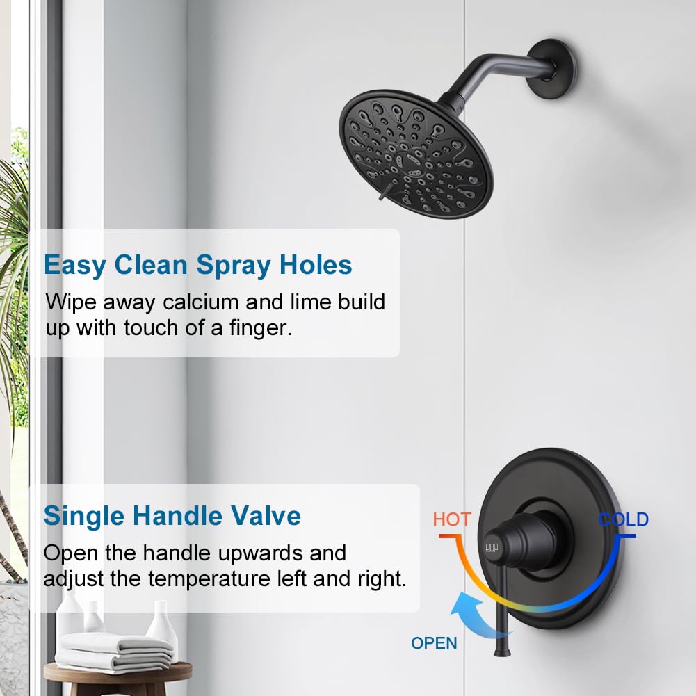 Premium Matte Black Shower Faucet Set - 6 Inch Rainfall Shower Head System with Single Handle Wall Mounted Trim Kit & Rough-in Valve | Modern Bathroom Fixtures for Luxurious Spa-like Experience