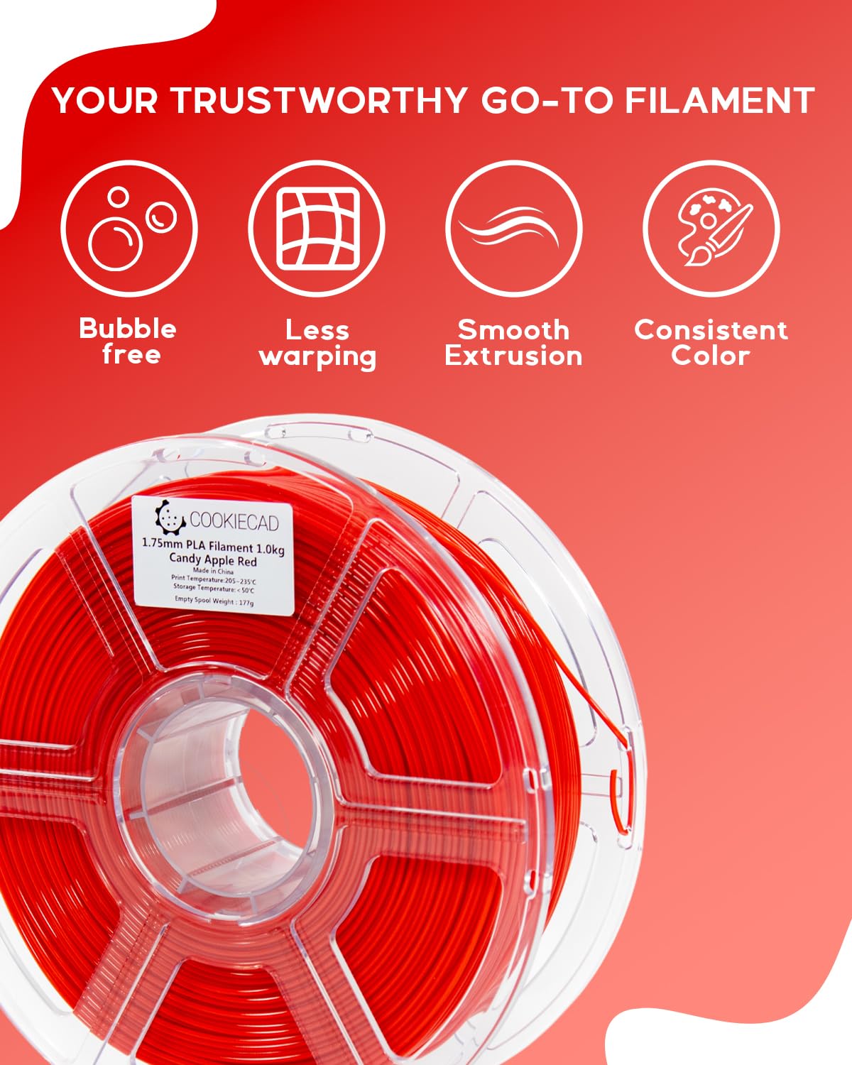 Premium 1.75mm PLA Filament 1kg - Candy Apple Red 3D Printer Filament for Smooth Printing | Ideal for DIY Projects, Cosplay Props & Home Decor Creations