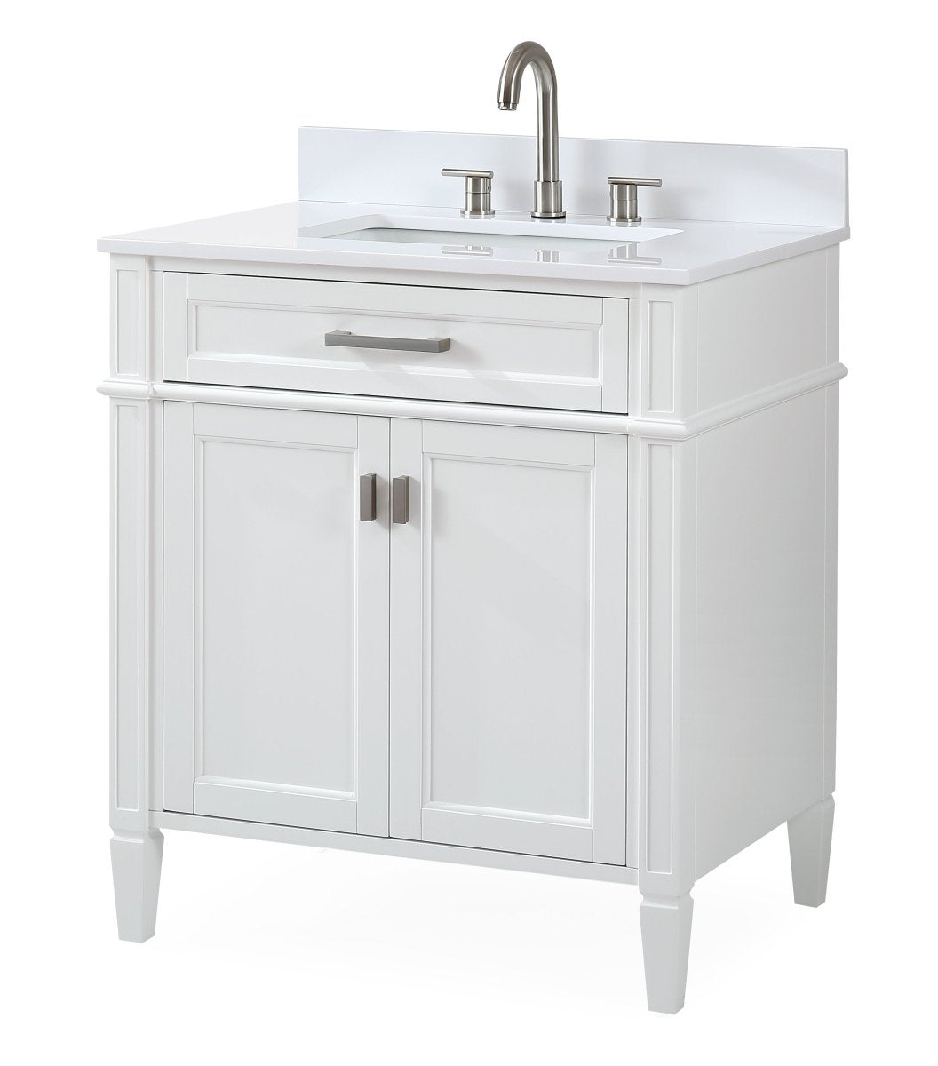 30 Inch Durand Modern White Bathroom Vanity with Stone Countertop - Elegant Sink Cabinet for Bathroom Remodel, Powder Room & Guest Bath Installation