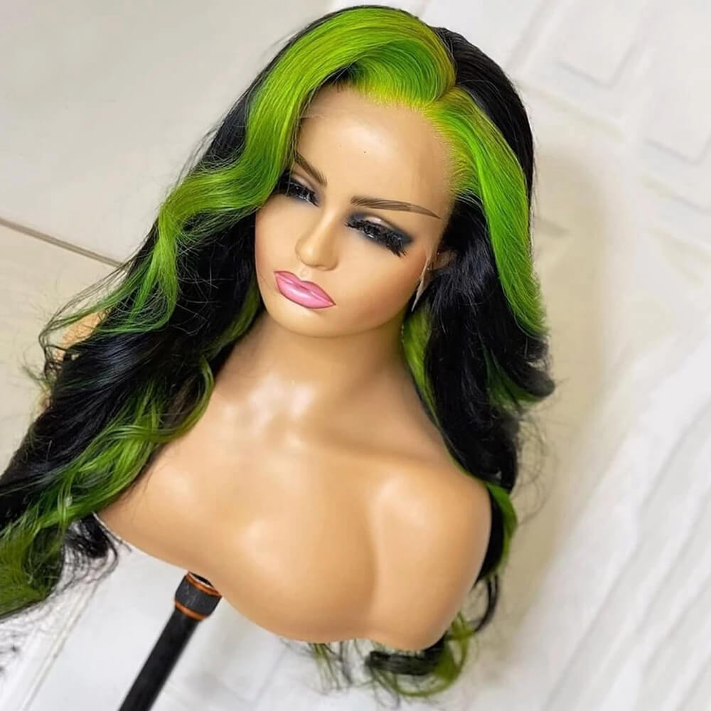 Eullair Highlight Body Wave Lace Frontal Human Hair Wig - Natural Inner Green Orange Color | Perfect for Cosplay, Daily Wear & Special Occasions