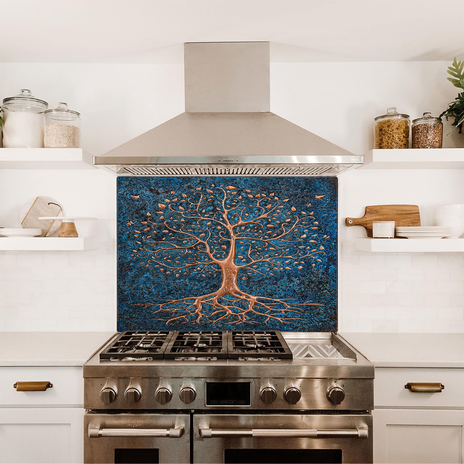 Handmade Copper Backsplash Tile - Tree with Roots Design - Custom Kitchen Backsplash Panel for Indoor & Outdoor Wall Decor (Blue) | Perfect for Modern Kitchens, Bathrooms & Patio Accent Walls