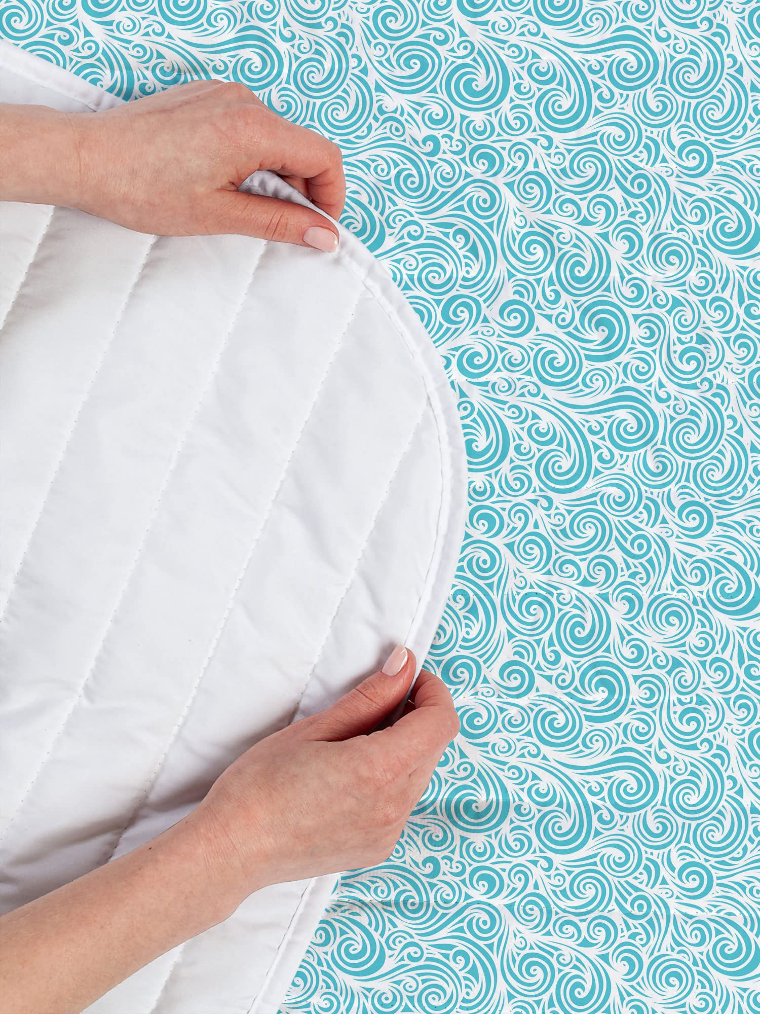 Lunarable Curly Hair Microfiber Bedspread Set - Abstract Ocean Wave Pattern with Spiraling Lines, Soft Twin Size Bedding Set Includes Pillow Sham & Comforter in Aqua White | Perfect for Beach Themed Bedrooms, Guest Rooms & Boho Home Decor