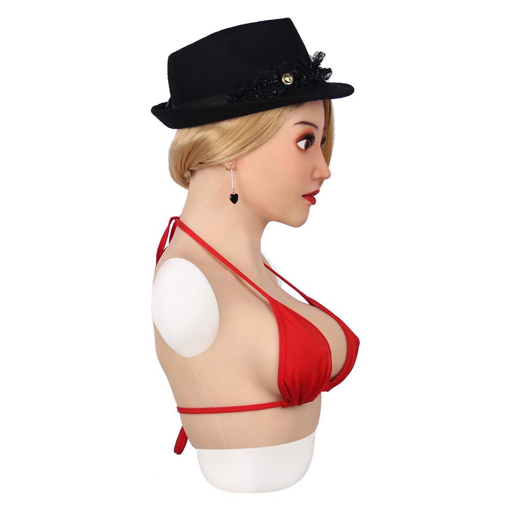 Realistic Silicone Mask with C Cup Breast - Light Beige Transgender Crossdressing Headwear for Cosplay & Halloween Costumes