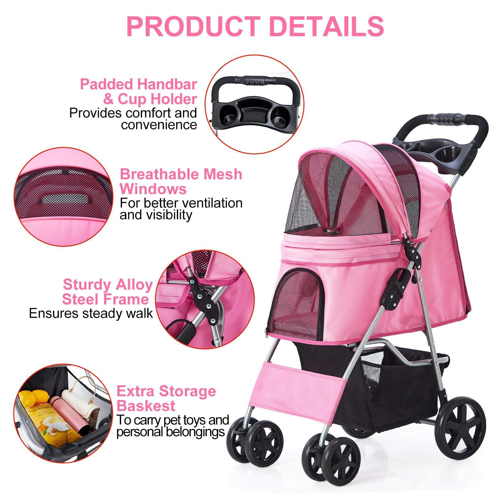 Foldable Lightweight Pet Stroller for Small & Medium Dogs & Cats - 4-Wheel Pink Dog Carrier with Storage Basket | Perfect for Park Walks, Vet Visits & Shopping Trips