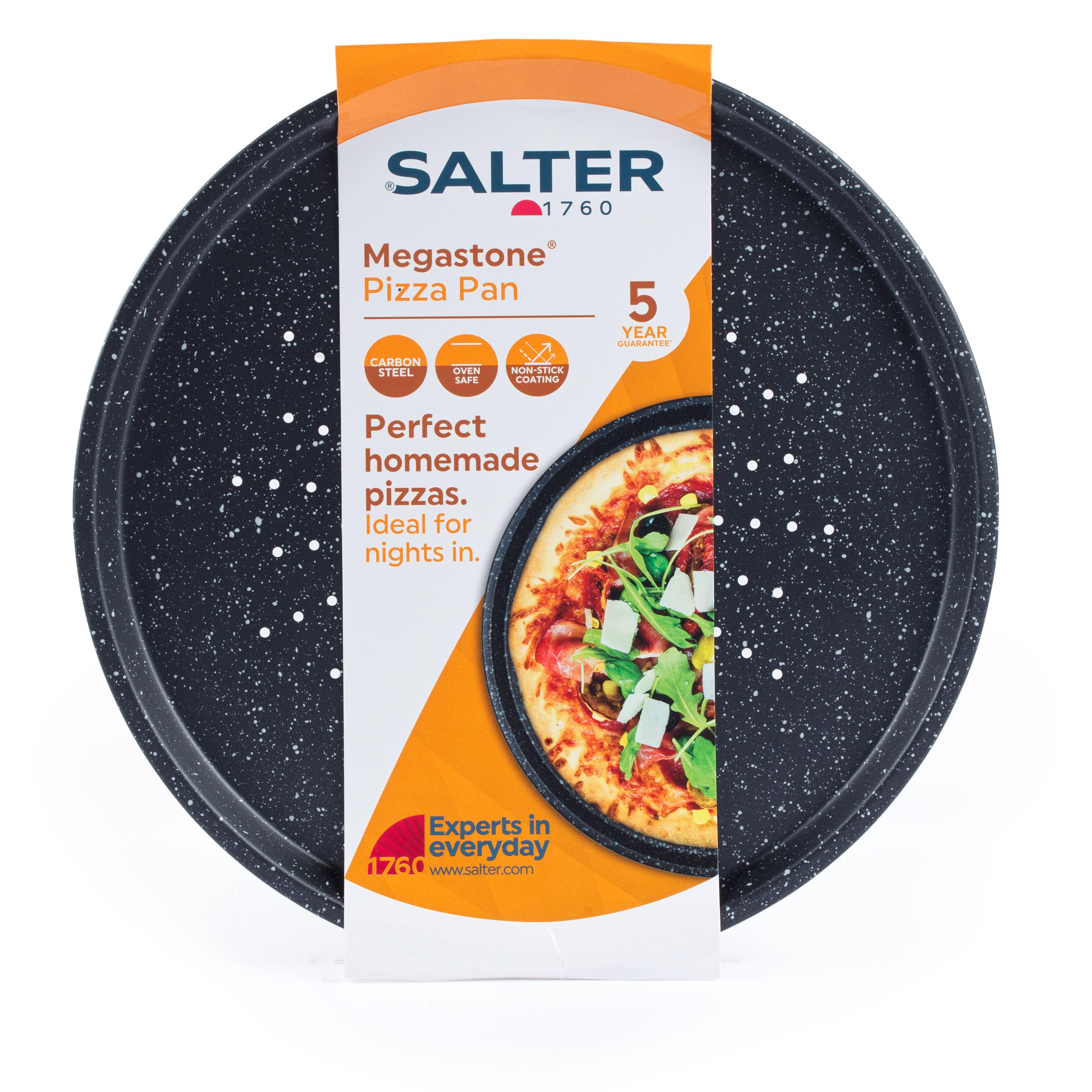 Salter Megastone Pizza Pans Set of 2 – 12-Inch Non-Stick Perforated Crisper Trays for Oven Baking | 29cm Carbon Steel Pizza Tins, PFOA-Free & Oven Safe to 220°C | Perfect for Homemade Pizza, Nachos & Party Snacks
