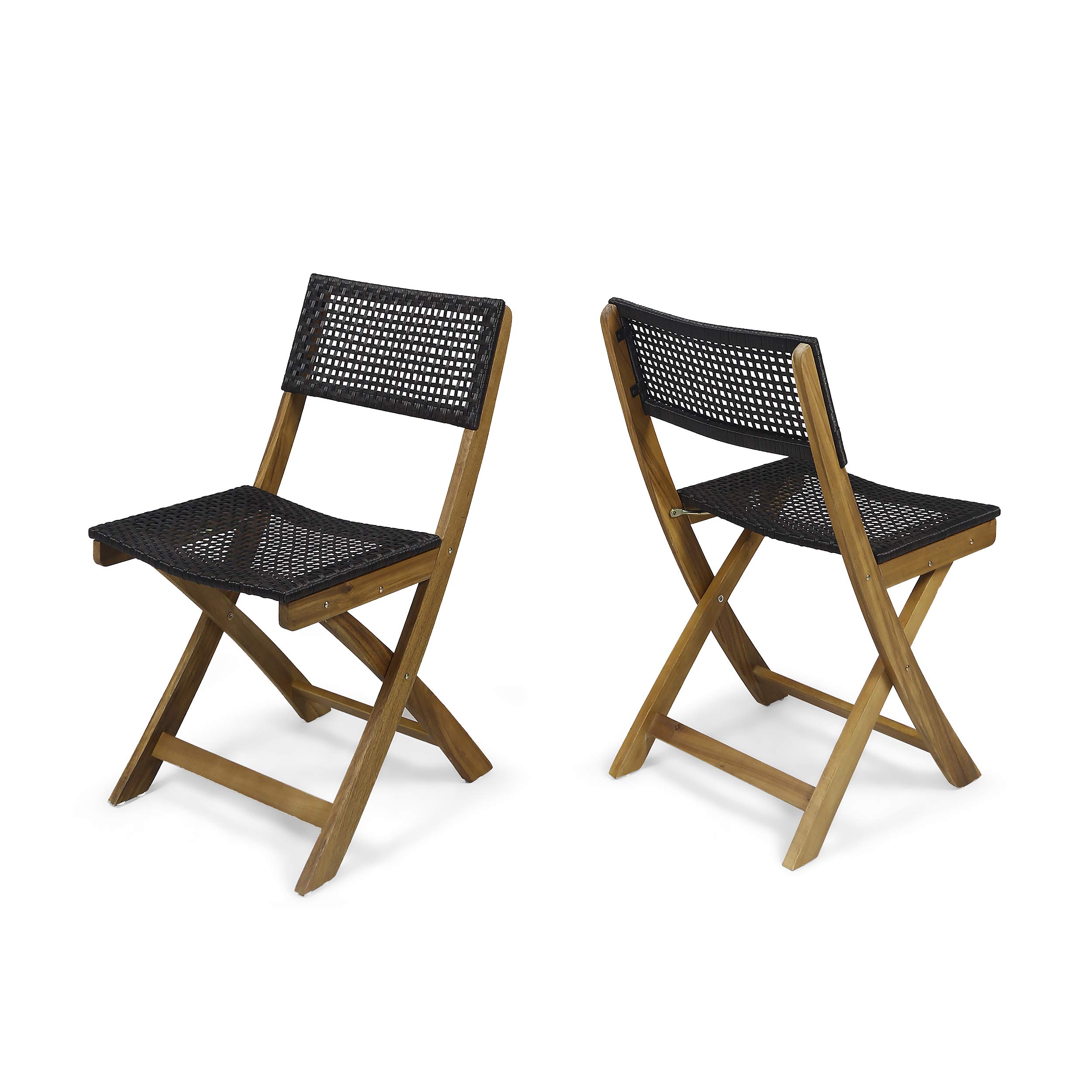 Premium Outdoor Acacia Wood Foldable Bistro Chairs with Woven Wicker Seating (Set of 2) - Teak Finish & Brown Wicker - Perfect for Patio, Garden, Balcony, and Poolside Relaxation