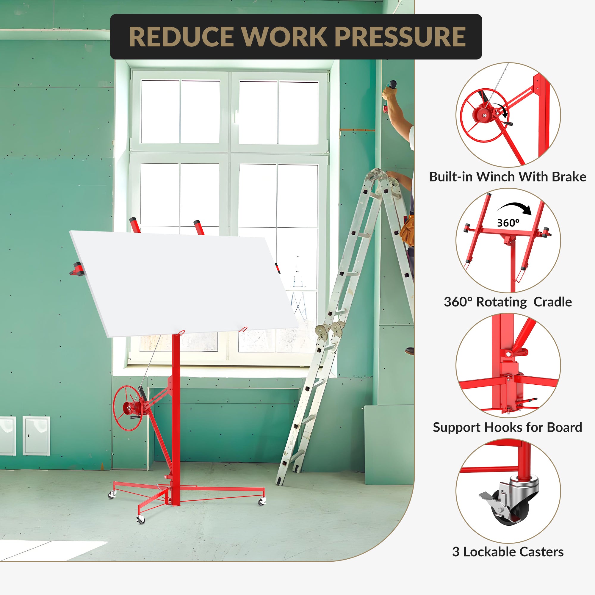 GARVEE 16ft Drywall Lift 150 lbs Capacity - 360° Adjustable Telescopic Arm with Locking Wheels for Sheetrock Panel Hoisting | Perfect for Ceiling Installation & DIY Home Renovation Projects