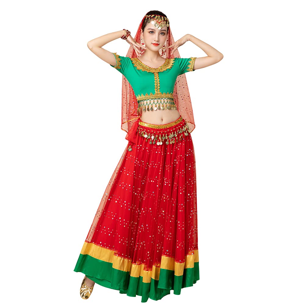 Elegant MISI CHAO Belly Dance Costume - Bollywood Chiffon Dress with Head Veil for Women | Perfect for Halloween, Dance Performances & Themed Parties