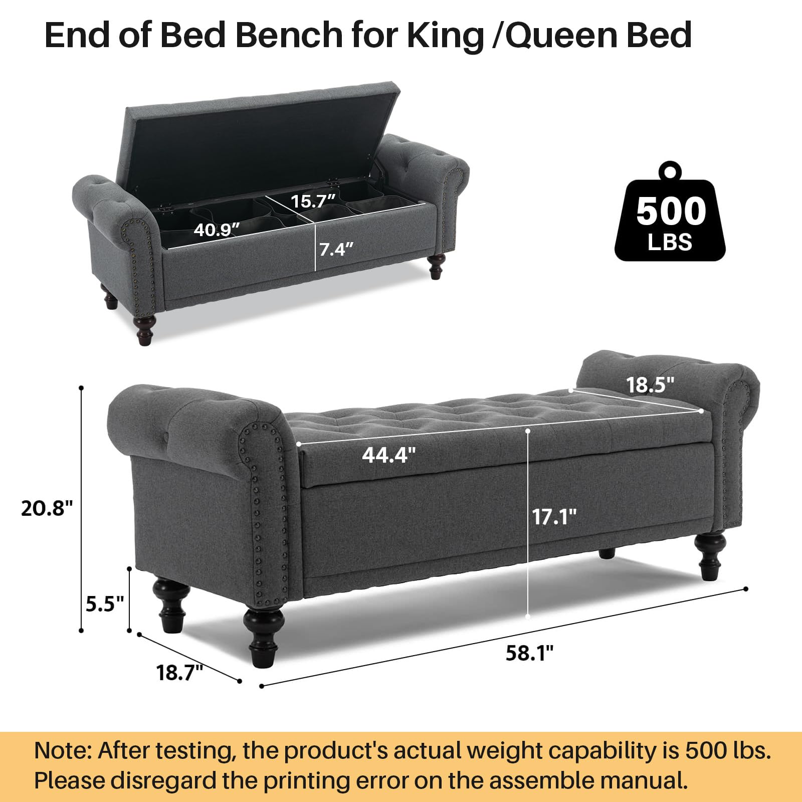 Upholstered Linen Storage Bench with Tufted Cushion & Rolled Arms - Large Ottoman for Bedroom, Living Room, Entryway - Grey Storage Seat Perfect for Reading Nook & Extra Seating